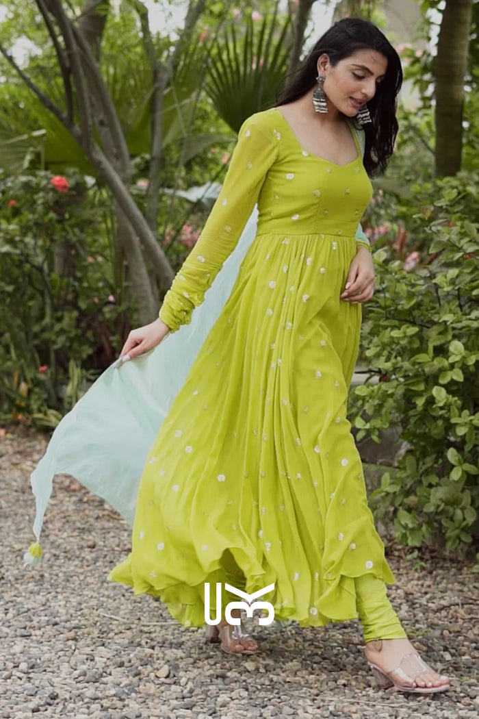 Maya Anarkali Suit Set in Neon Lime