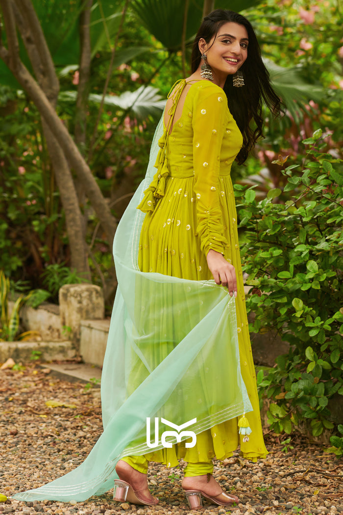 Maya Anarkali Suit Set in Neon Lime