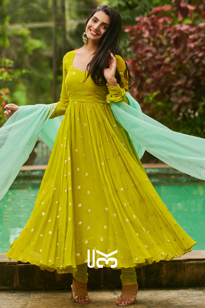 Maya Anarkali Suit Set in Neon Lime