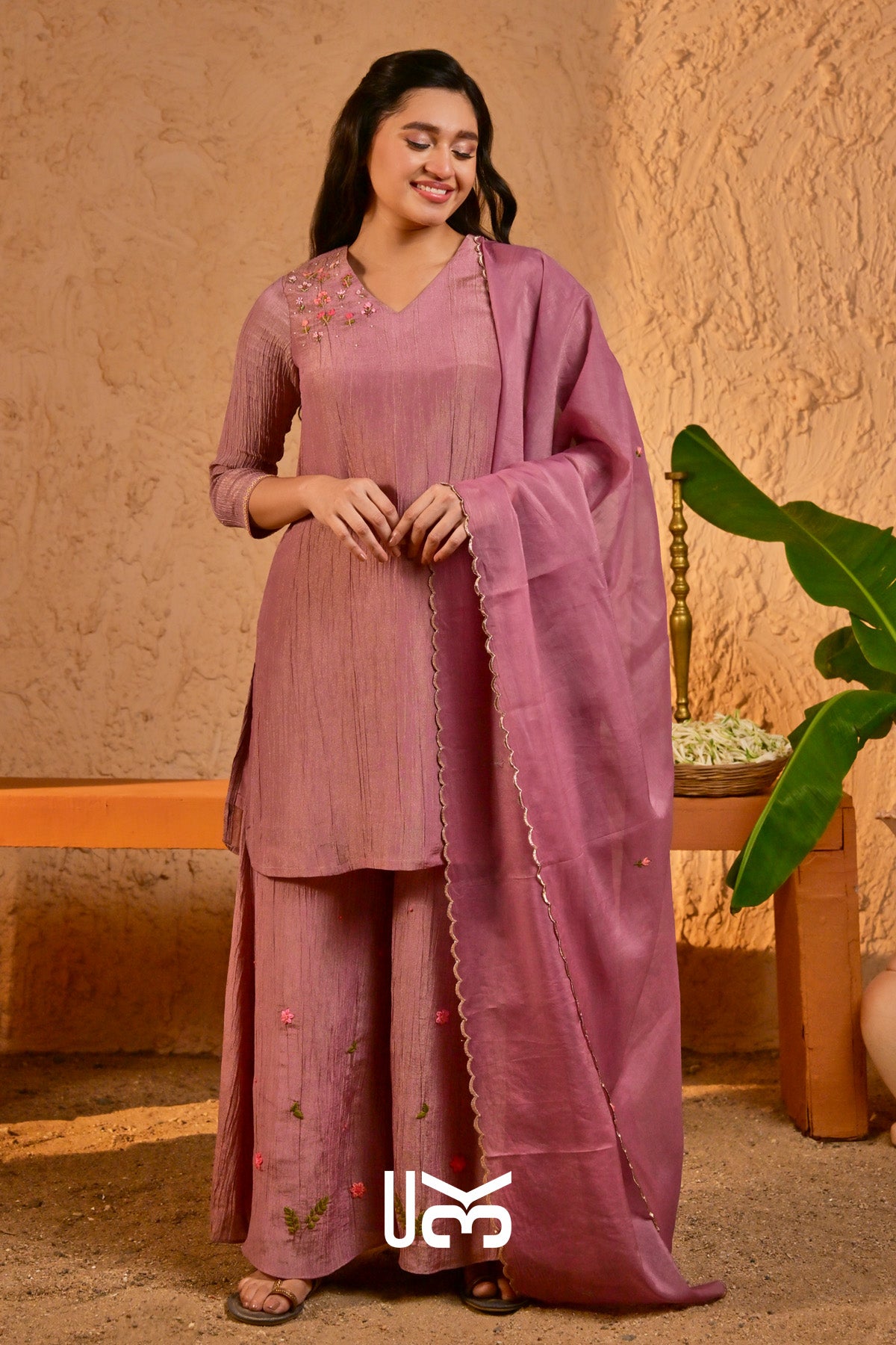 Phoolkari Kurta Plazo In Lavender