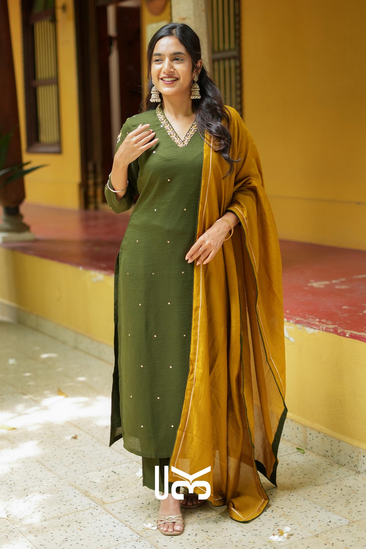 Olivara | Olive Kurta Set with Mustard Dupatta for Puja