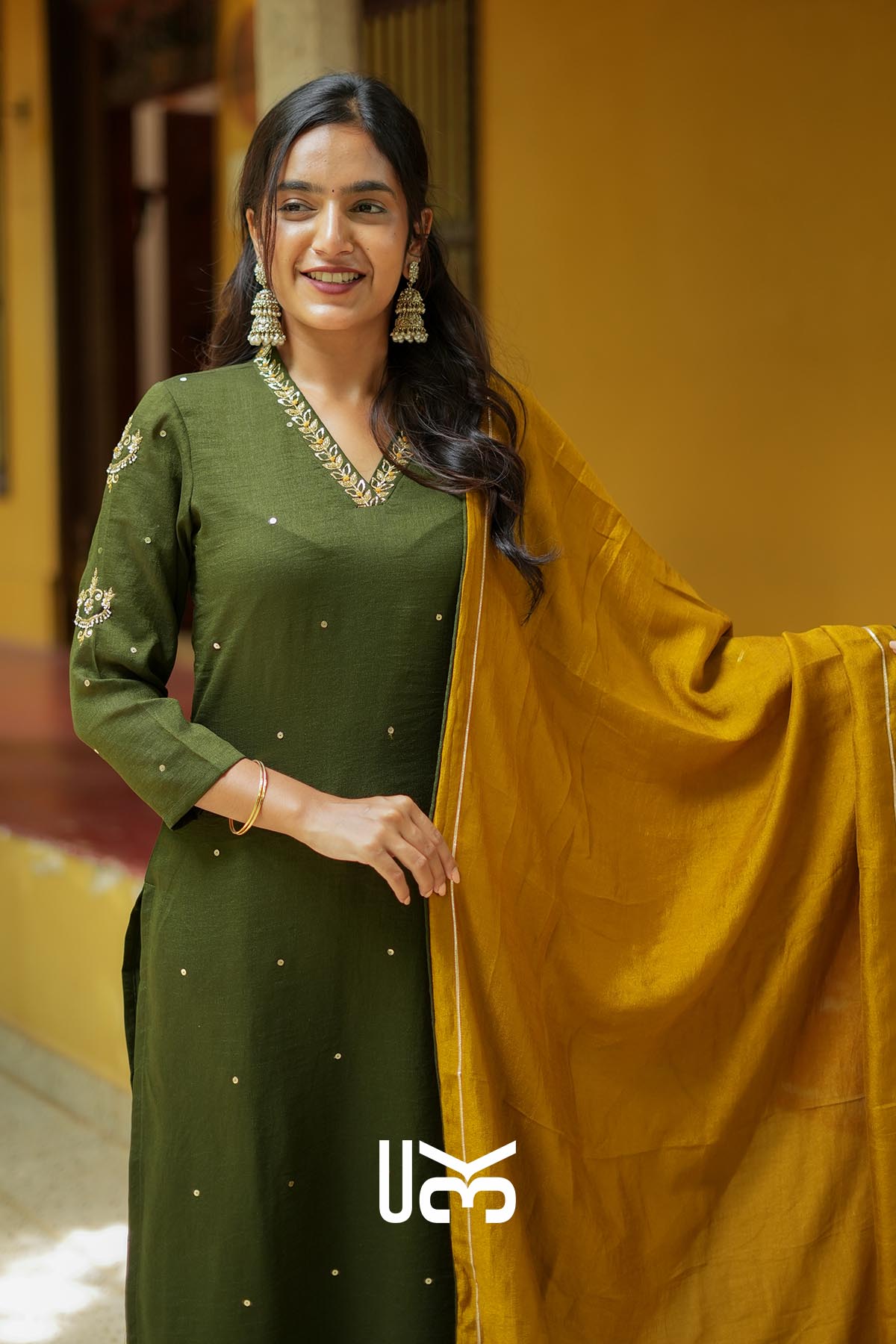 Olivara | Olive Kurta Set with Mustard Dupatta for Puja