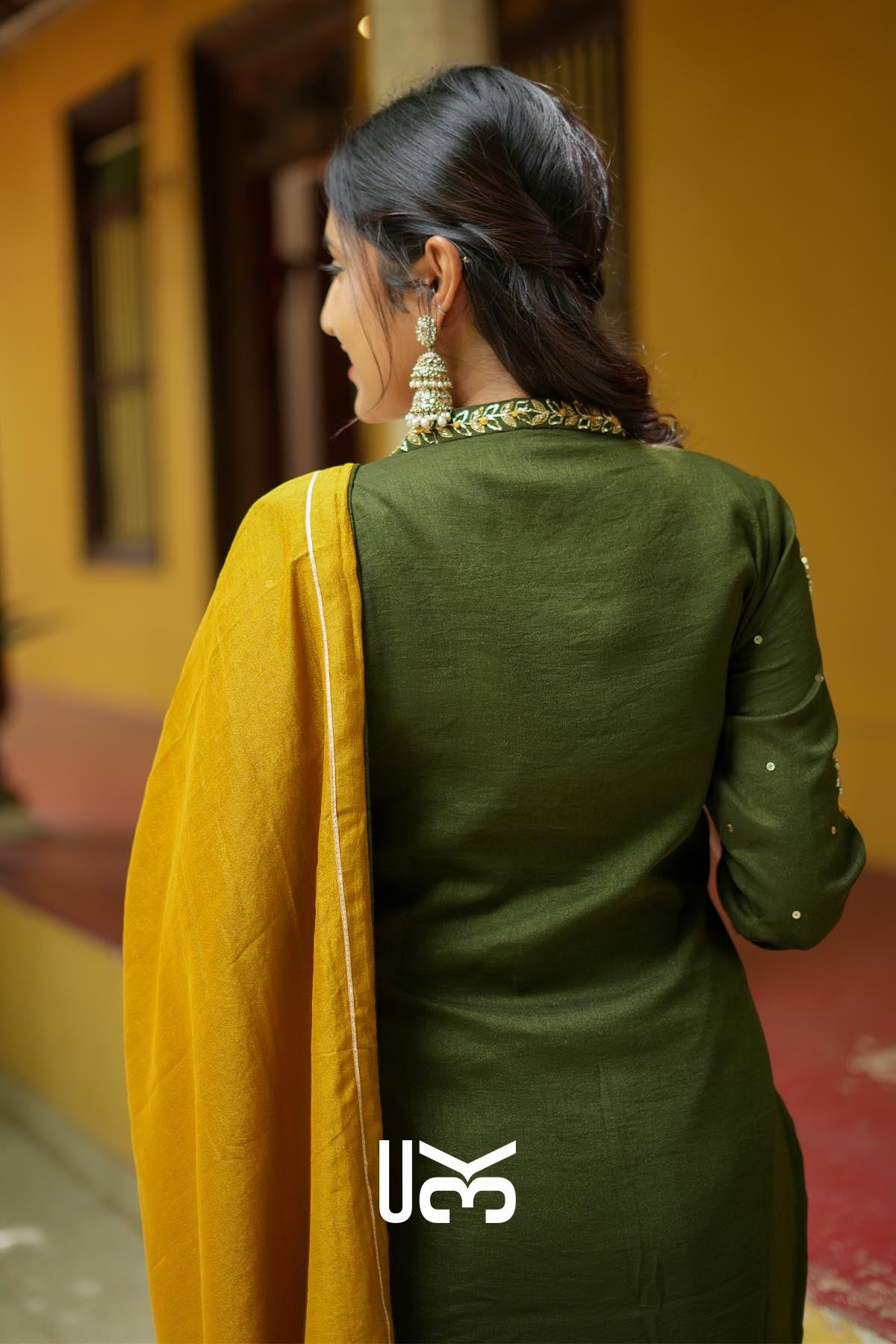 Olivara | Olive Kurta Set with Mustard Dupatta for Puja