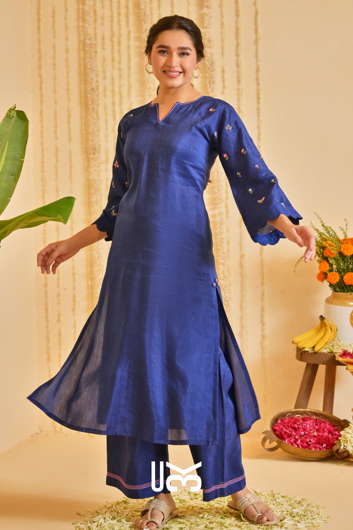 Neelkaari Linen Kurta Set (Dress) in Navy Blue