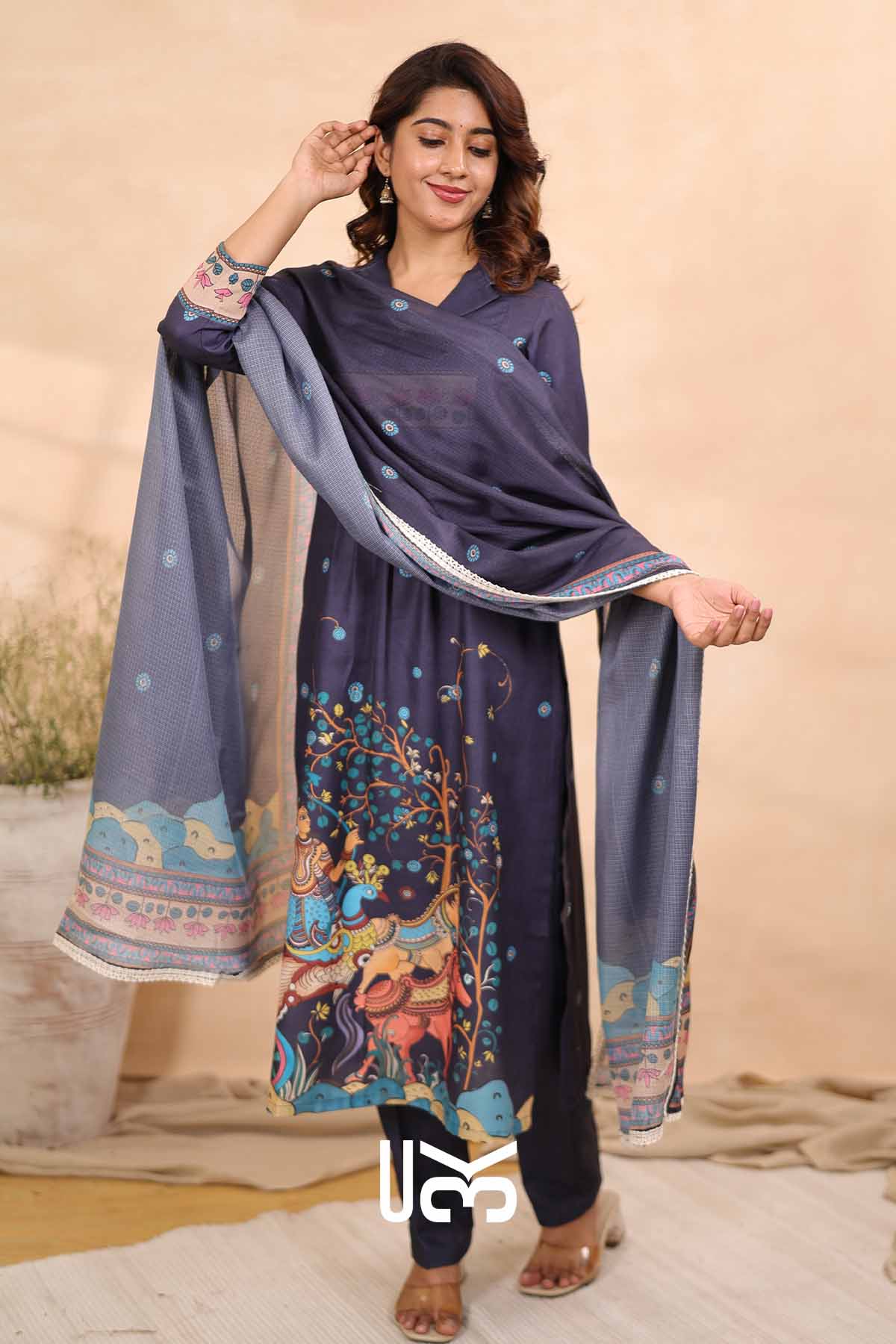 Azure Elegance| Blue Cotton Kalamkari Print Kurta Set