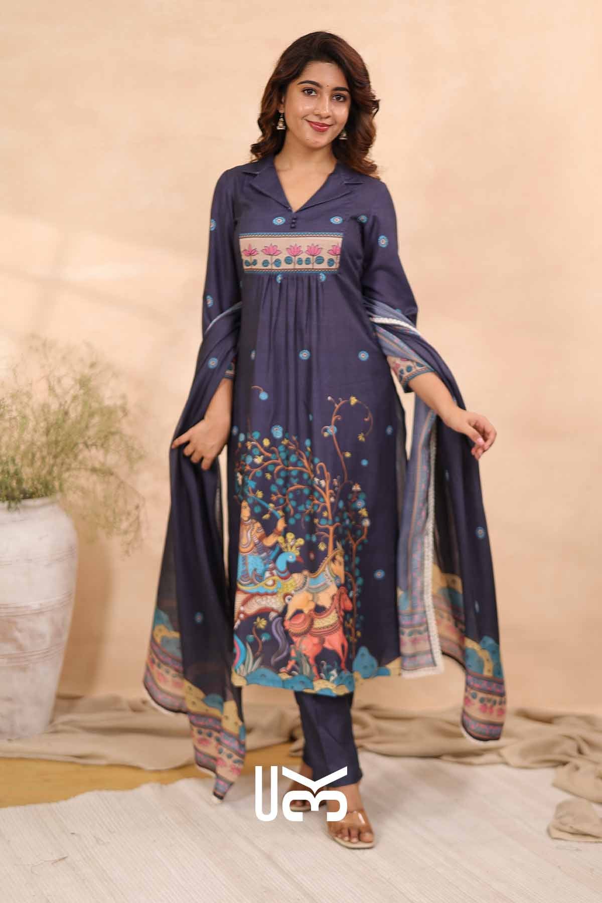 Azure Elegance| Blue Cotton Kalamkari Print Kurta Set
