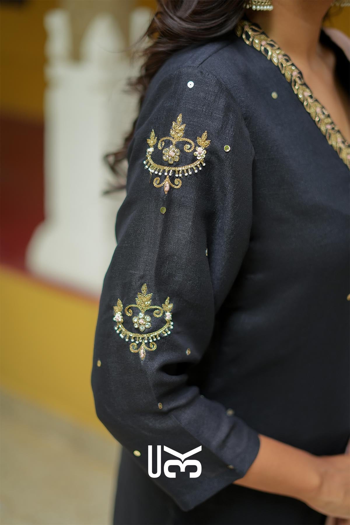 Charcoal Grace | Silk Zari Embroidered Black Kurta Set with Blush Dupatta for Casual