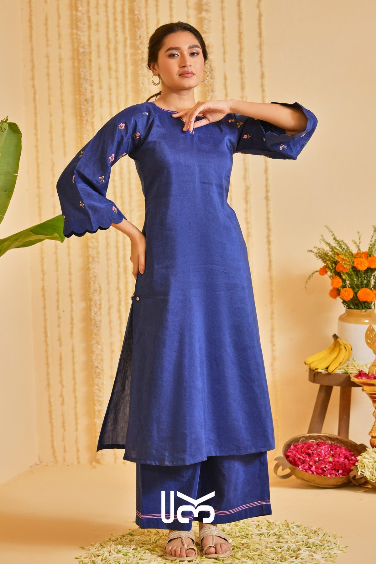 Neelkaari Linen Kurta Set (Dress) in Navy Blue