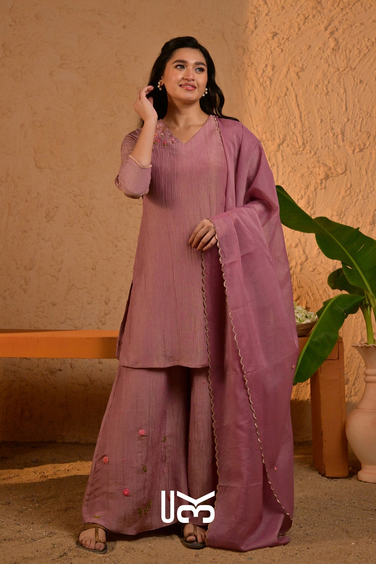 Phoolkari Kurta Plazo In Lavender