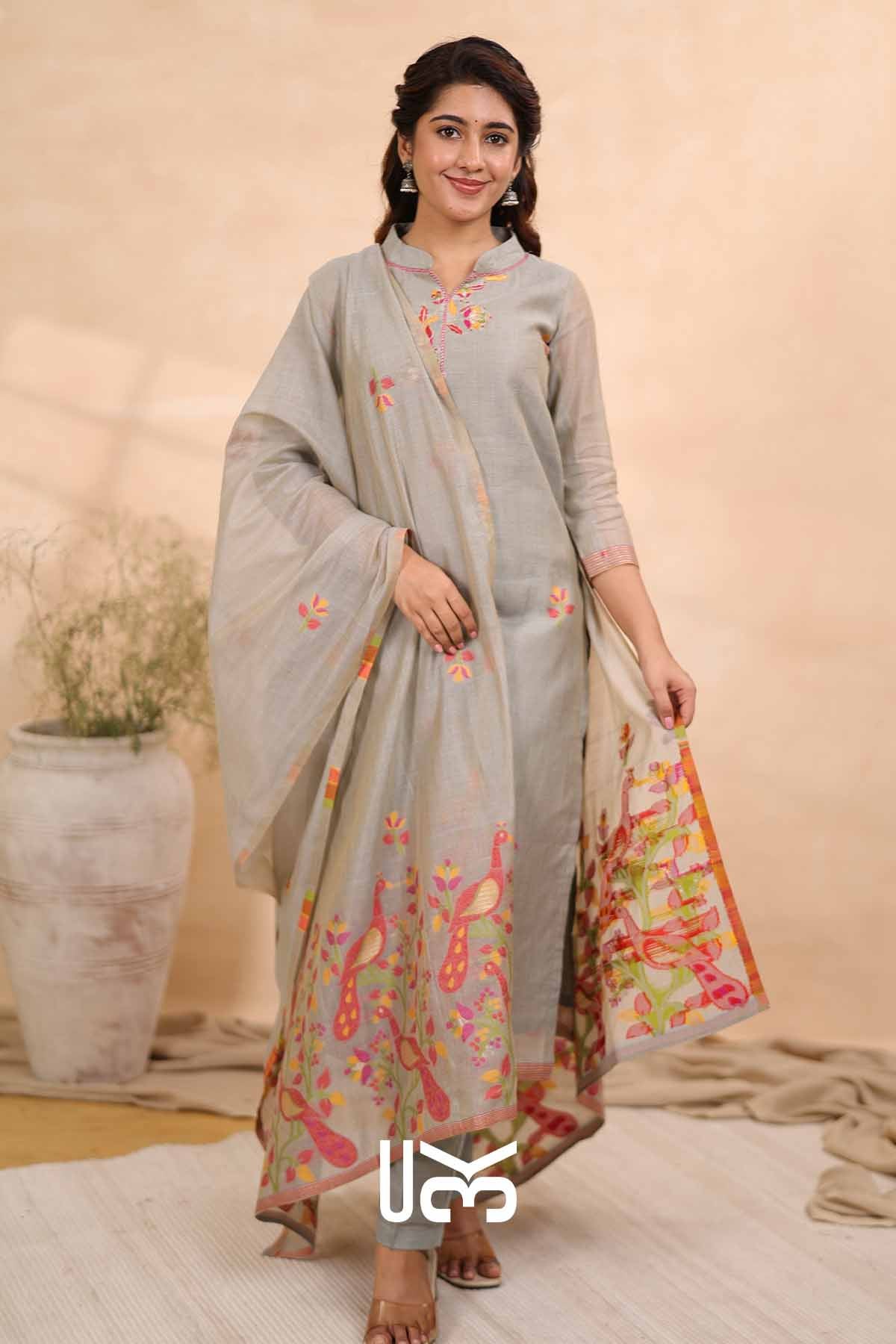 Pastel Paradise|Gray Jamdani Muga Silk Kurta Set