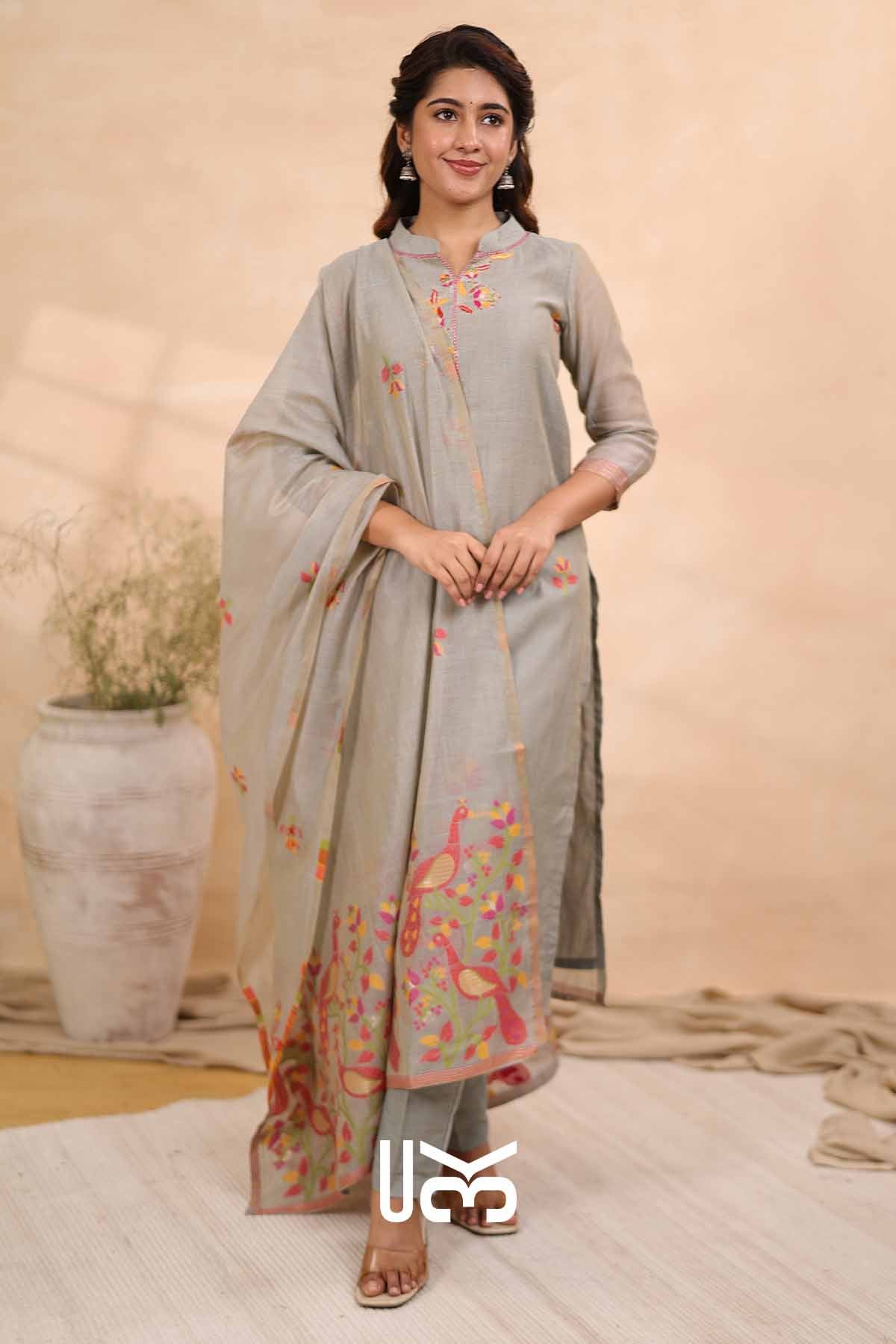Pastel Paradise|Gray Jamdani Muga Silk Kurta Set