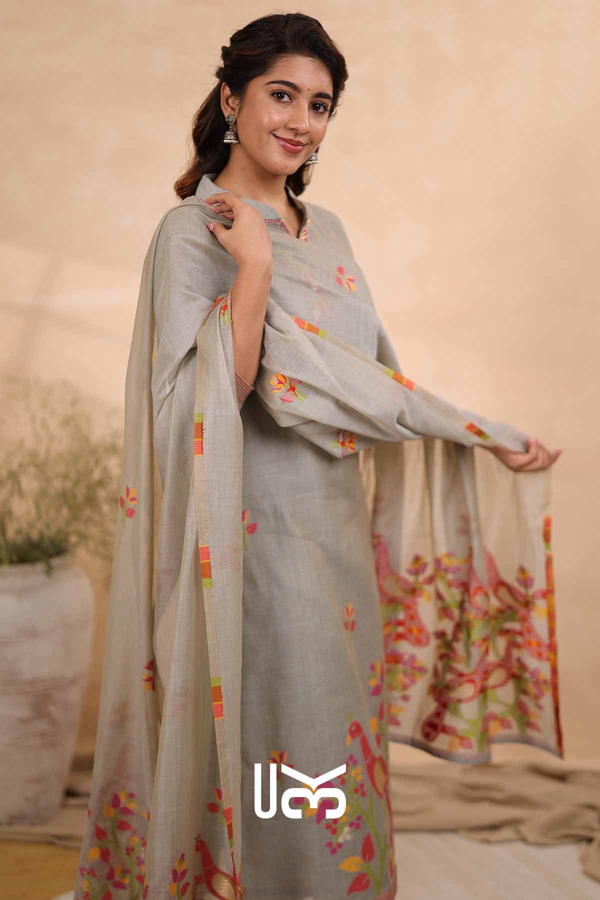 Pastel Paradise|Gray Jamdani Muga Silk Kurta Set