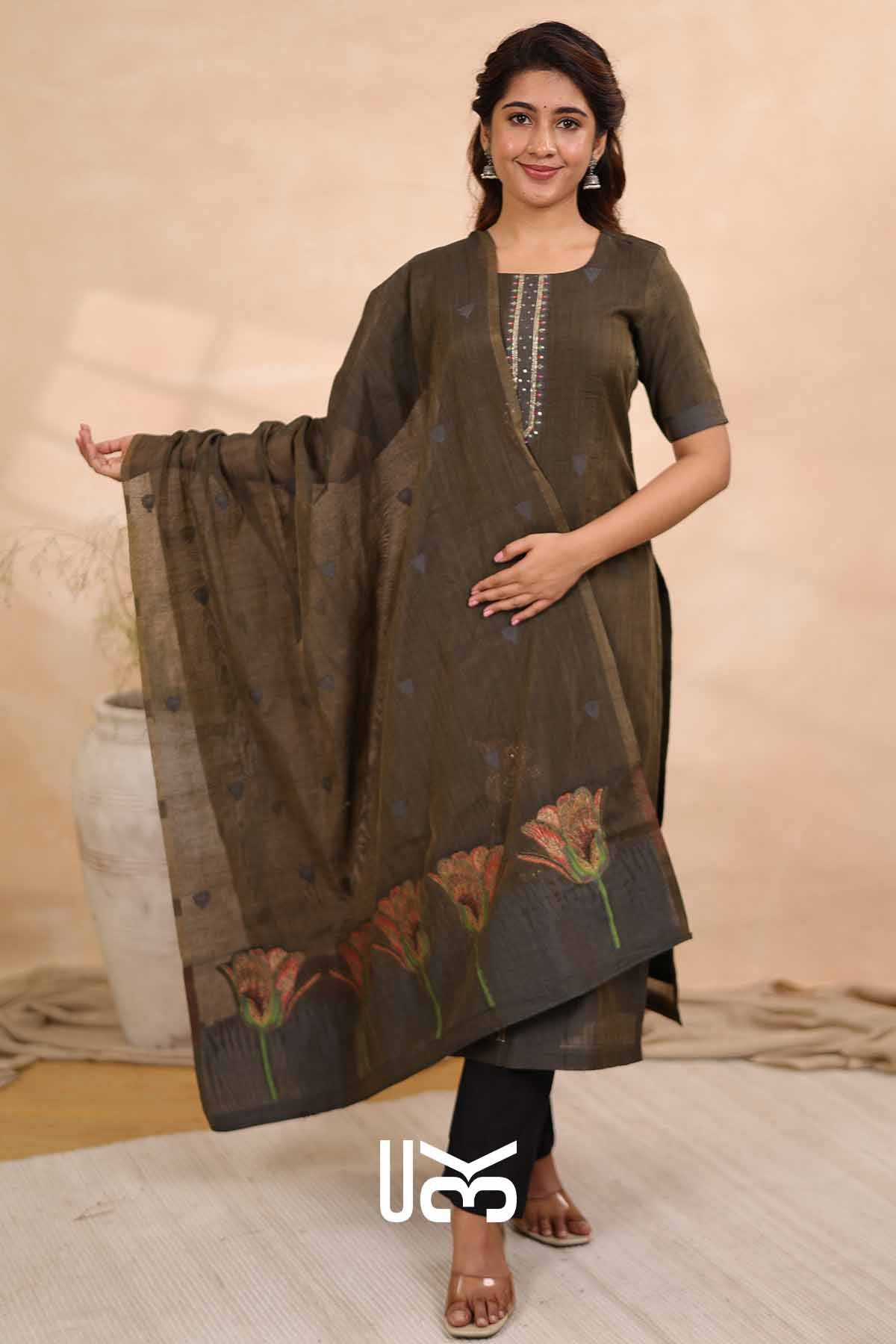 Ember Petal|Olive Gray Jamdani Muga Silk Kurta Set