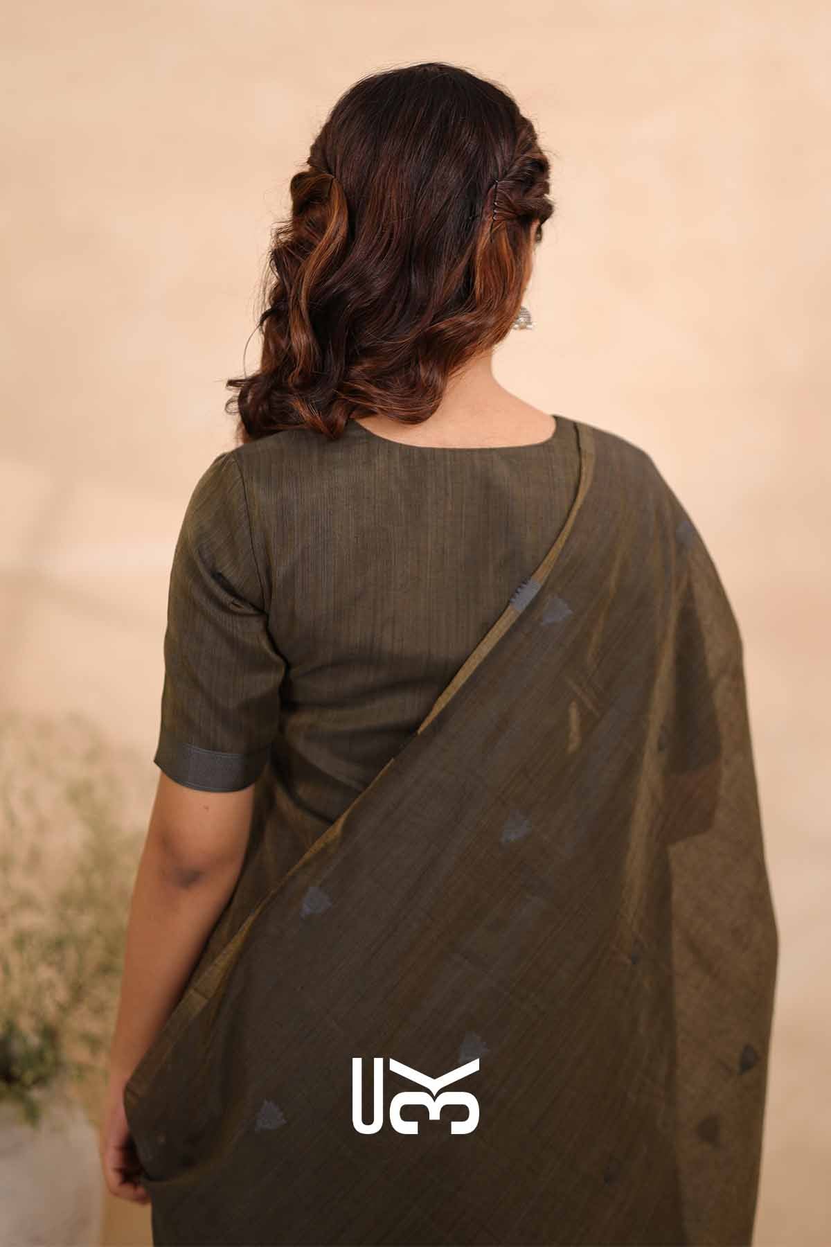 Ember Petal|Olive Gray Jamdani Muga Silk Kurta Set
