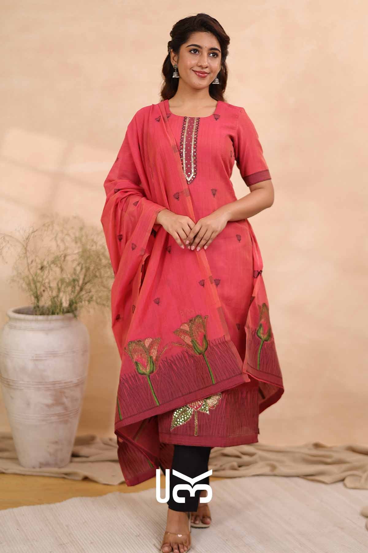 Garden Grace | Pink Jamdani Muga Silk Kurta Set