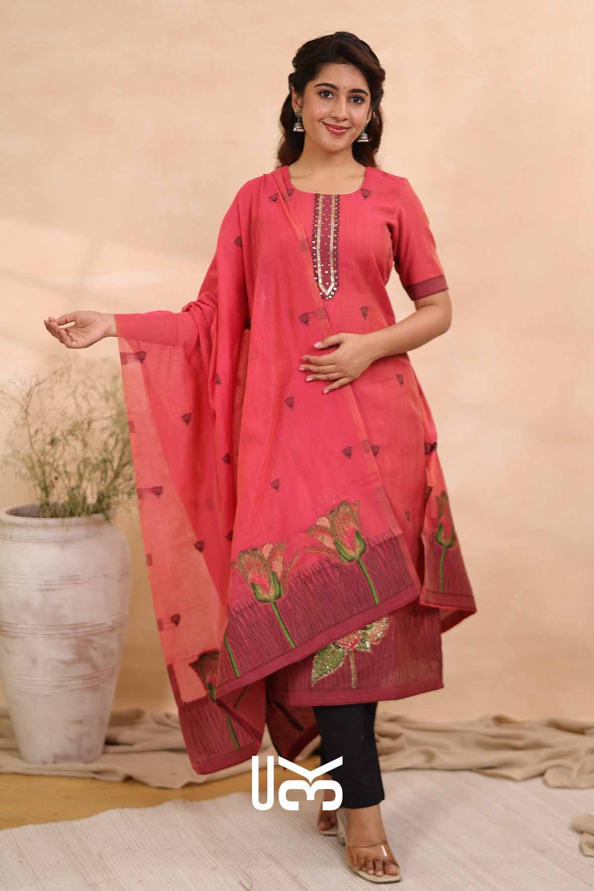 Garden Grace | Pink Jamdani Muga Silk Kurta Set