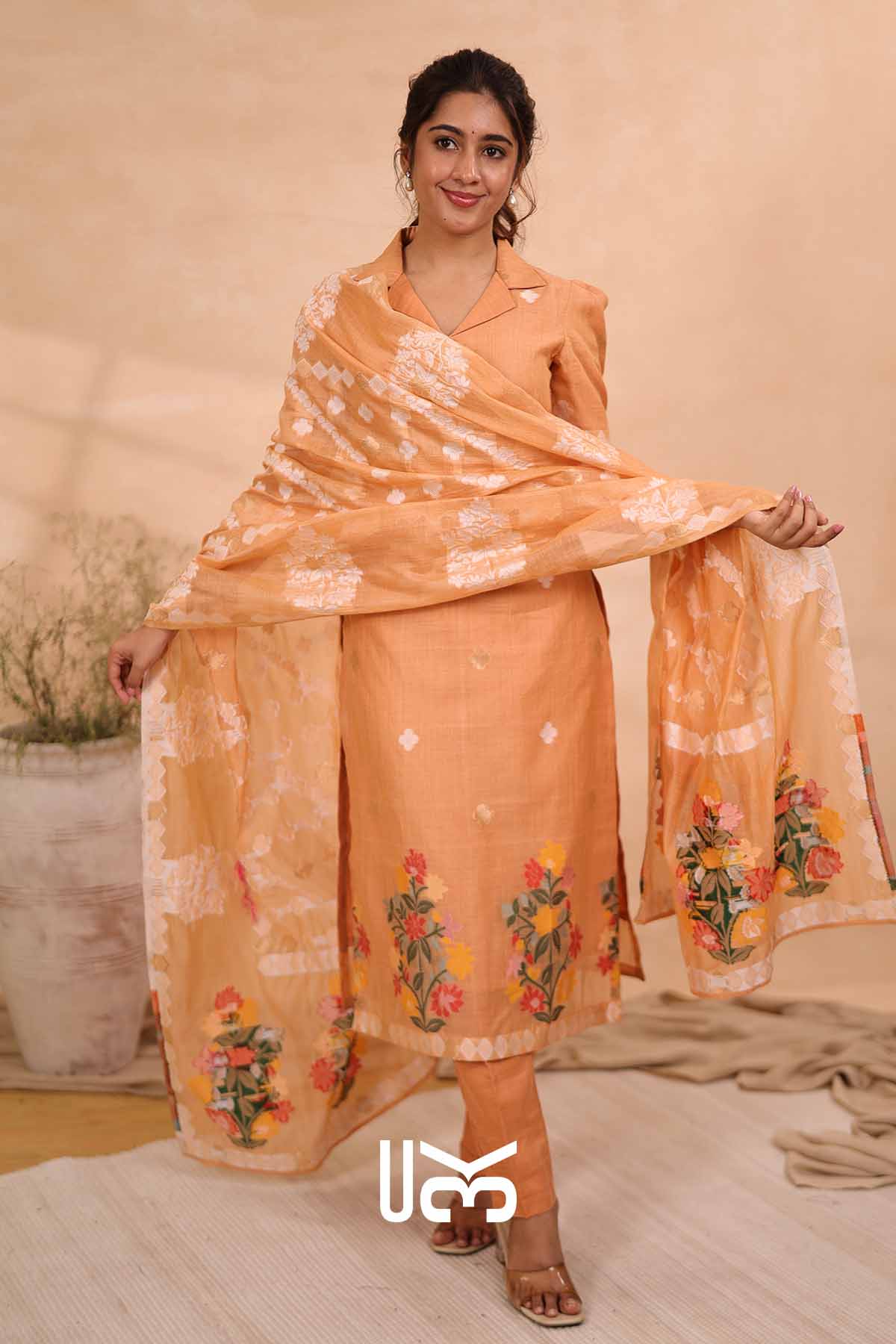 Peach Bloom|Peach Jamdani Muga Silk Kurta Set