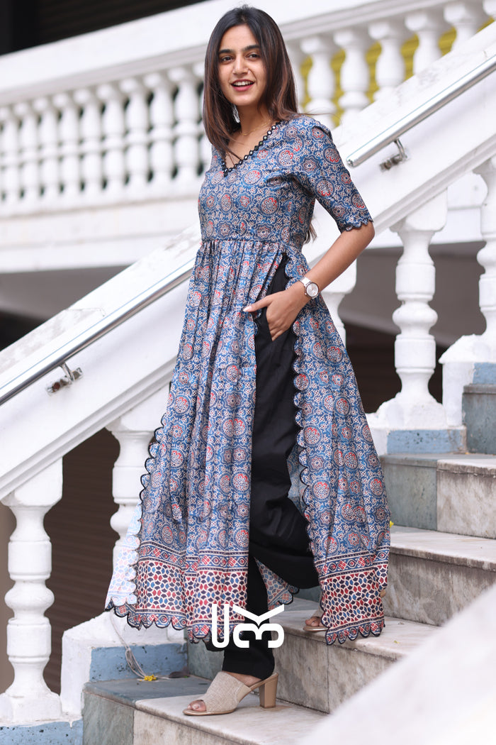 Yashna Ajarakh Kurta Set in Blue