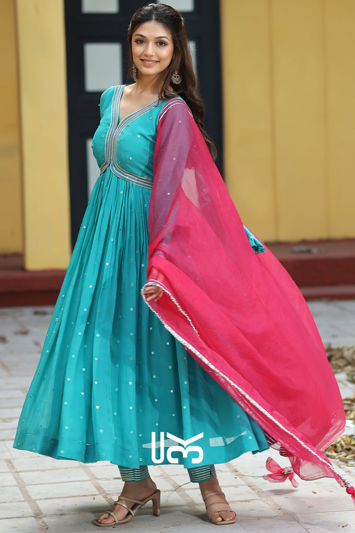 Ratrani Georgette Anarkali Suit Set in Teal Blue