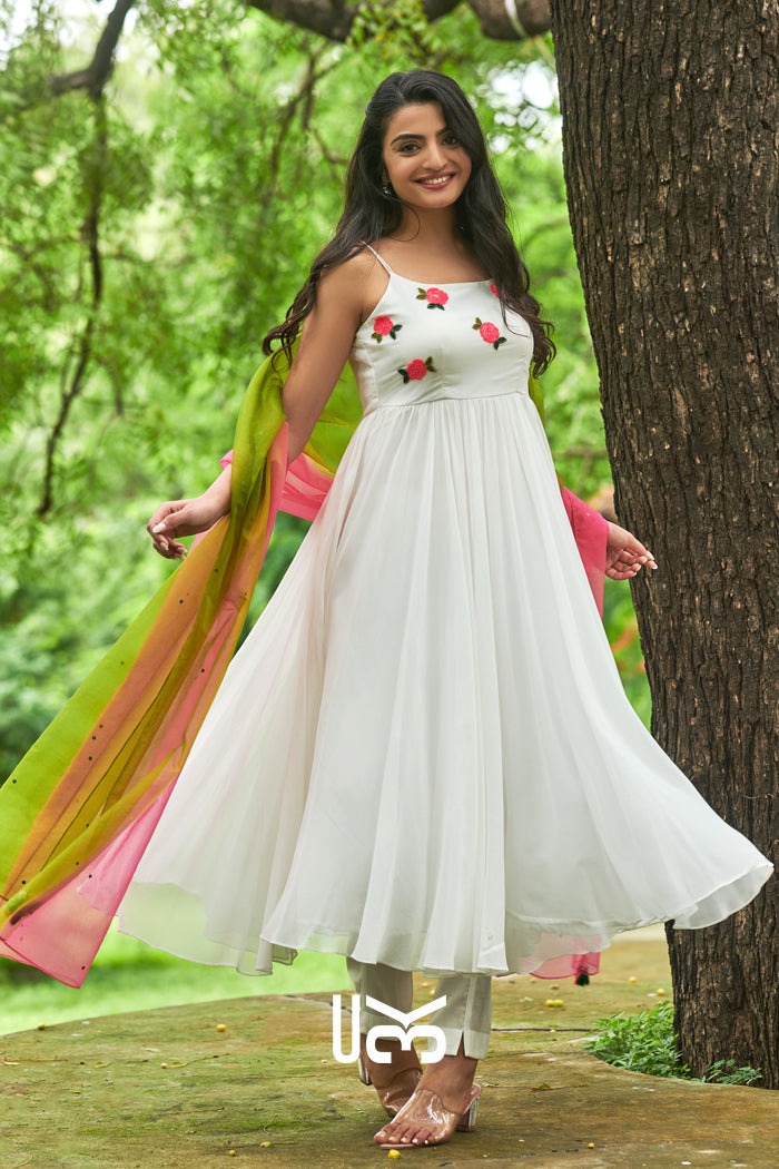 Moon Flower White Anarkali Suit Set
