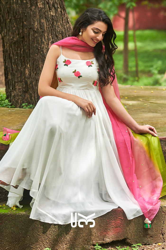 Moon Flower White Anarkali Suit Set