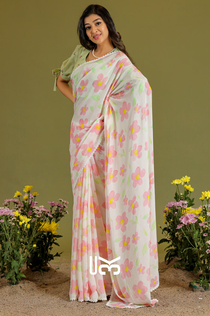 Phool Podha Saree in Pista & White