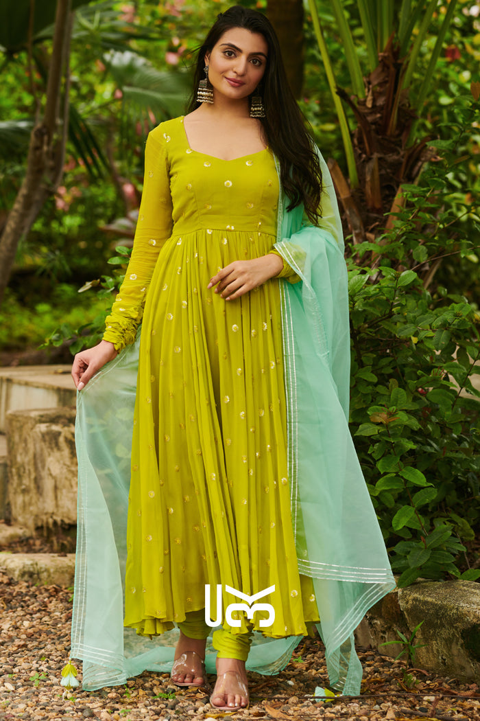 Maya Anarkali Suit Set in Neon Lime
