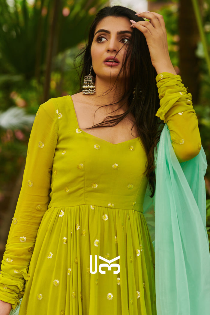 Maya Anarkali Suit Set in Neon Lime