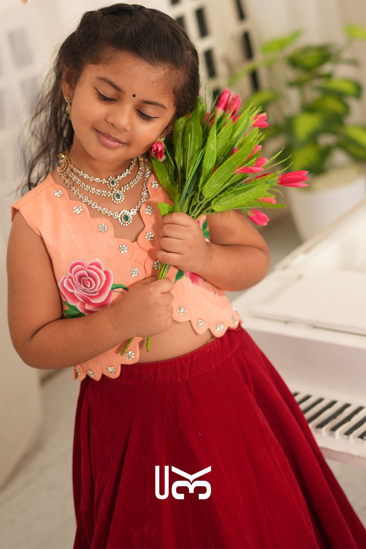 Baby Scarlet Rose Velvet Lehenga Set
