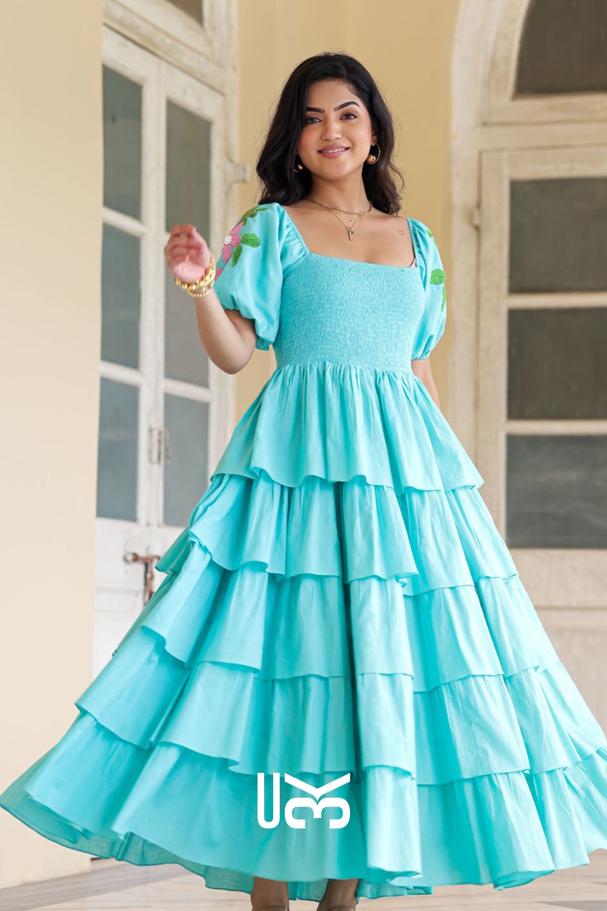 Lagoon Layers Aqua Cotton Maxi Dress