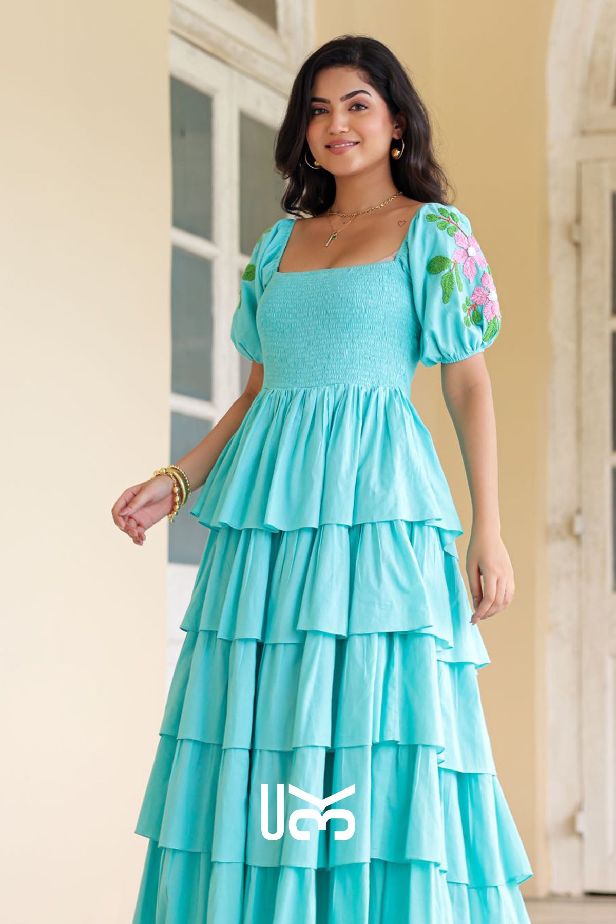 Lagoon Layers Aqua Cotton Maxi Dress