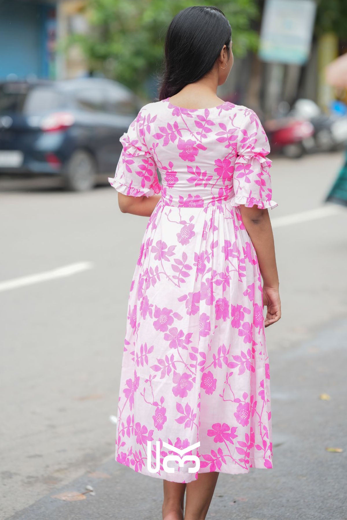 Polly Pink Cotton Floral Midi Dress