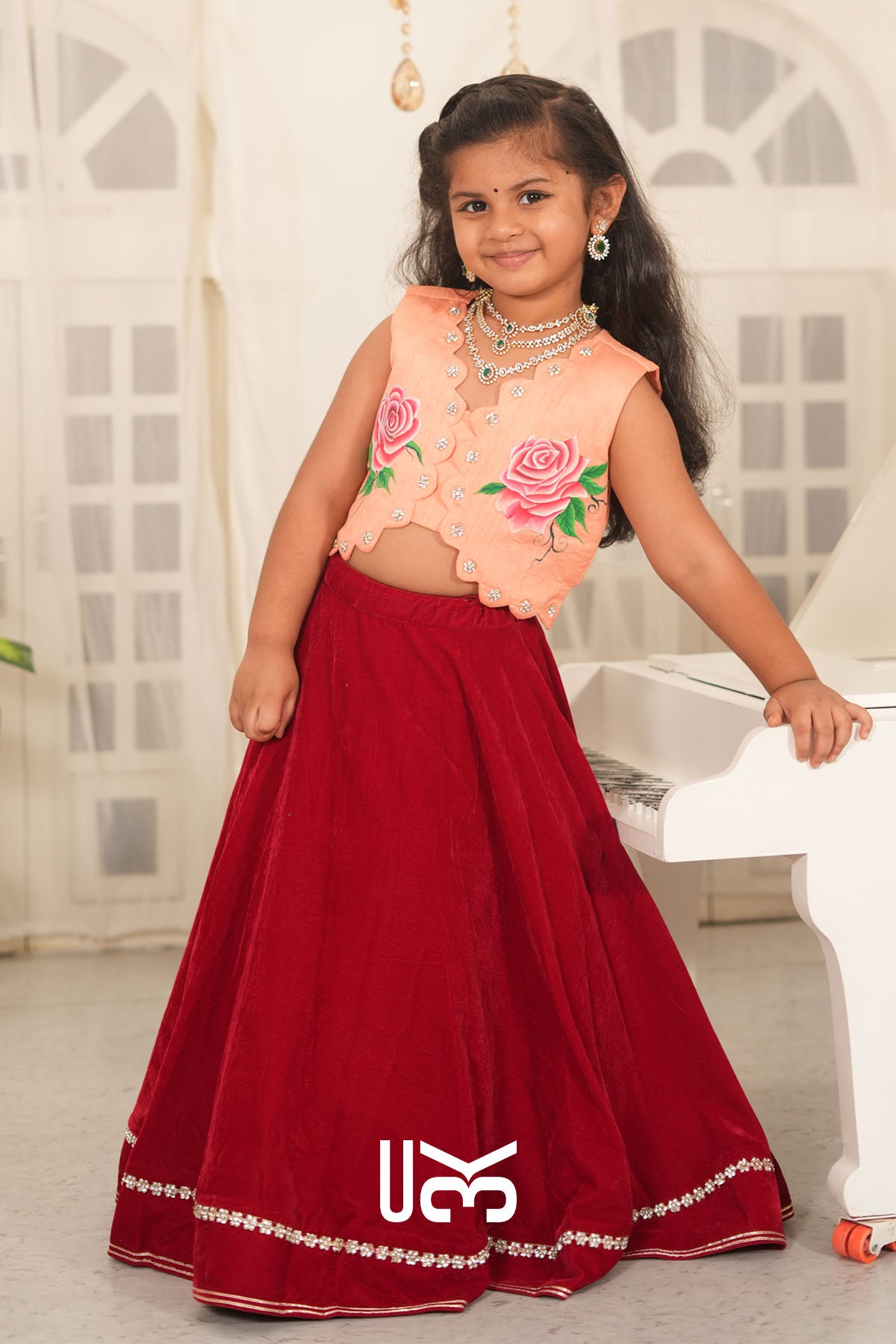 Baby Scarlet Rose Velvet Lehenga Set