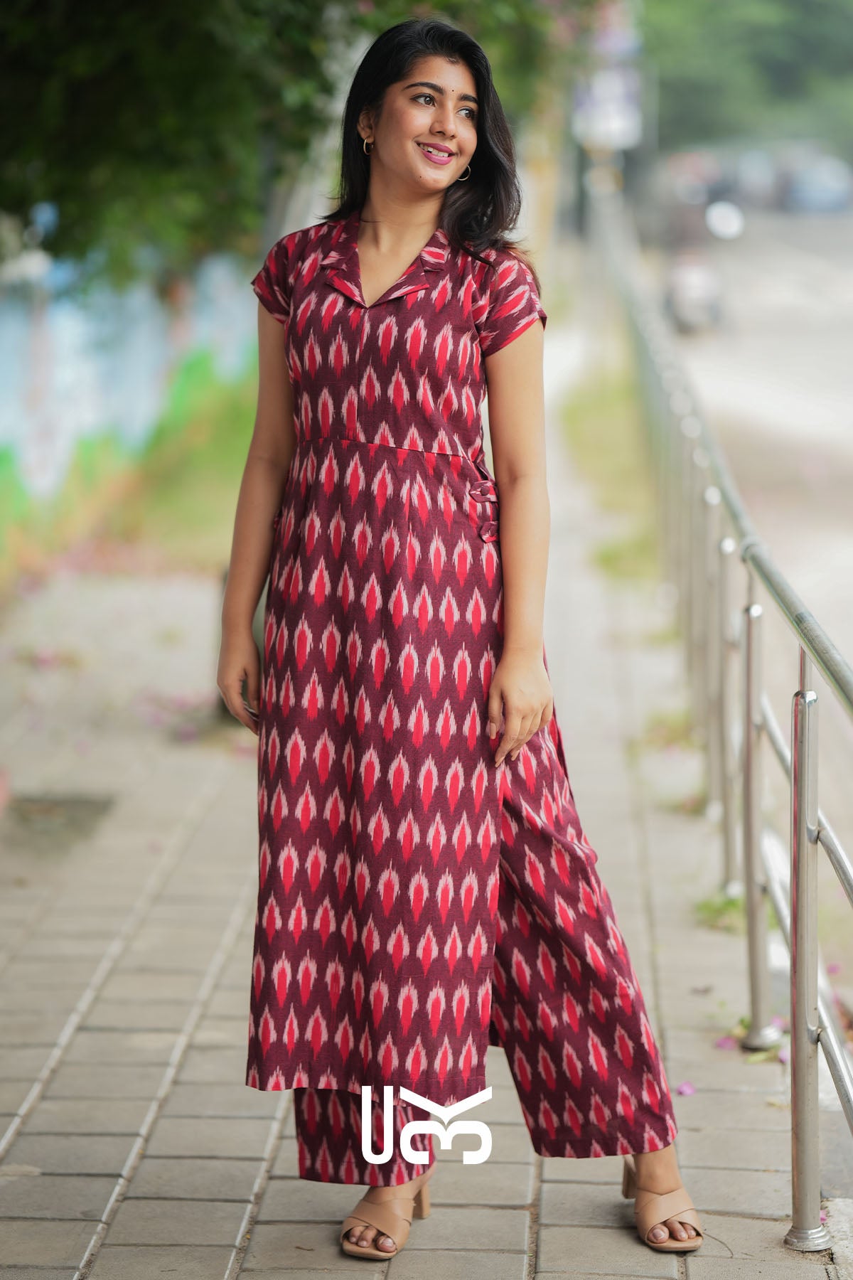 Milania Ikkat Co-ord Set in Maroon