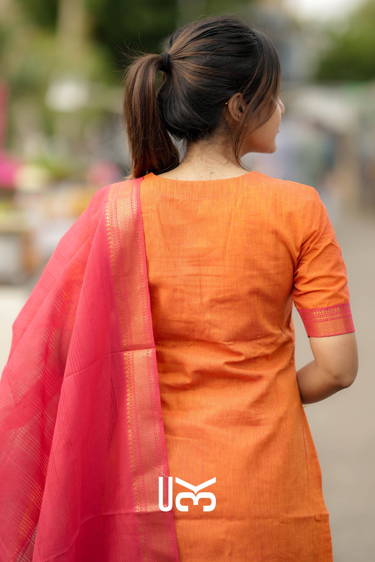 Pranika Handloom Kurta Set in Orange