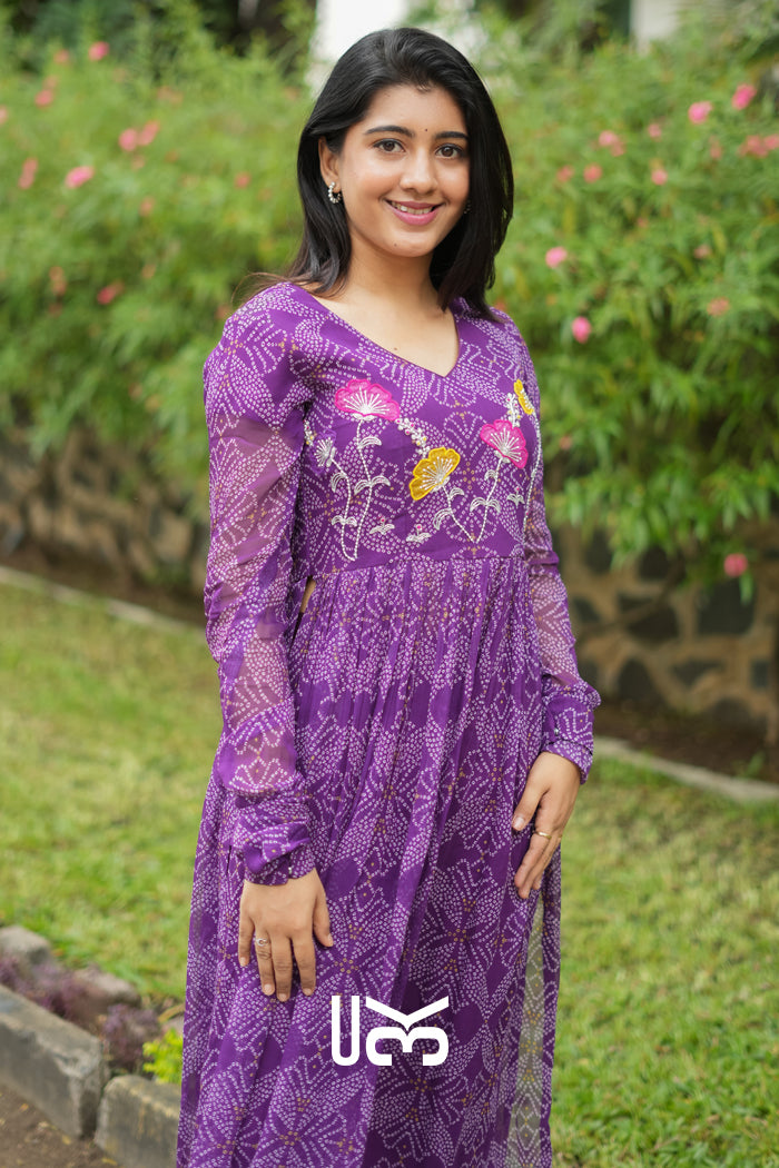 Panna Bandhej Kurta Set in Purple