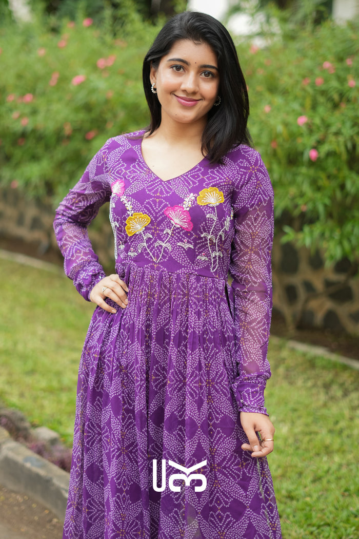 Panna Bandhej Kurta Set in Purple