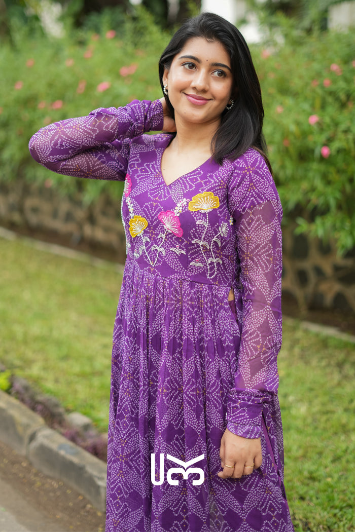 Panna Bandhej Kurta Set in Purple