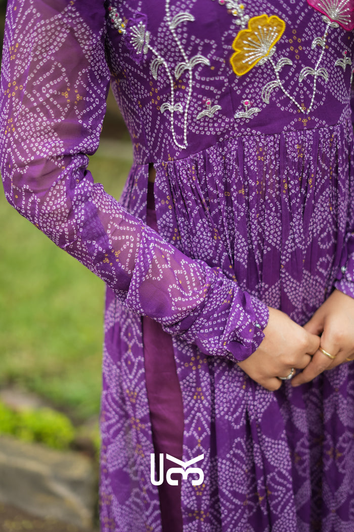 Panna Bandhej Kurta Set in Purple