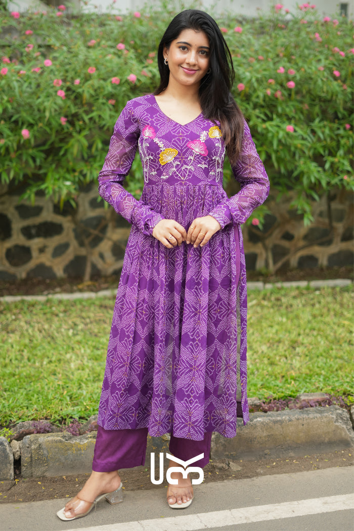 Panna Bandhej Kurta Set in Purple