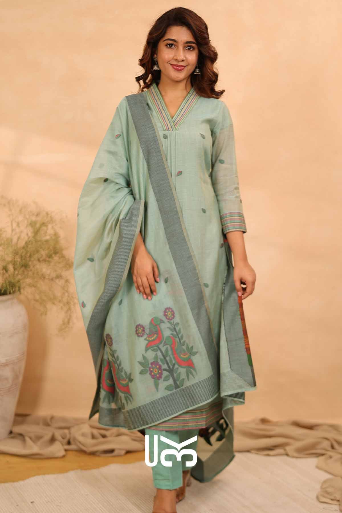 Pankhuri|Sea Green Jamdani Muga Silk Kurta Set