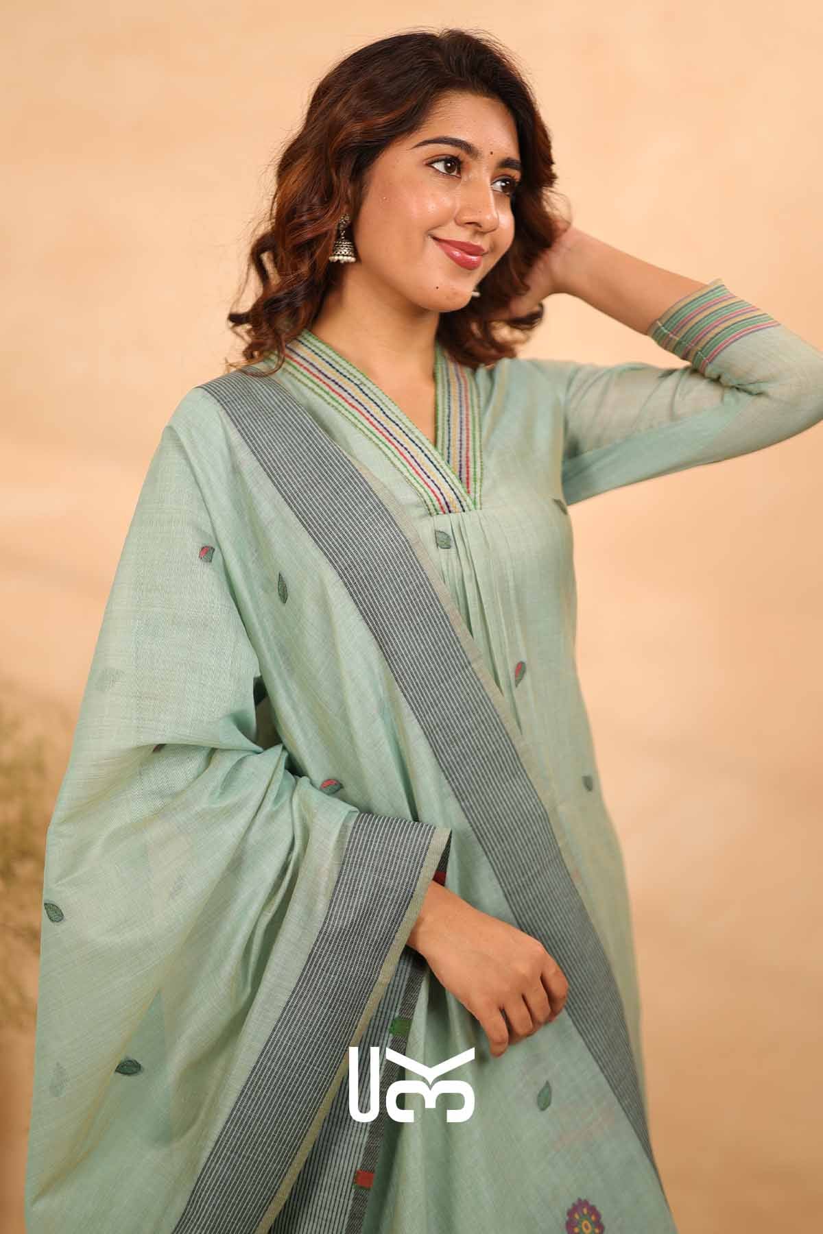 Pankhuri|Sea Green Jamdani Muga Silk Kurta Set
