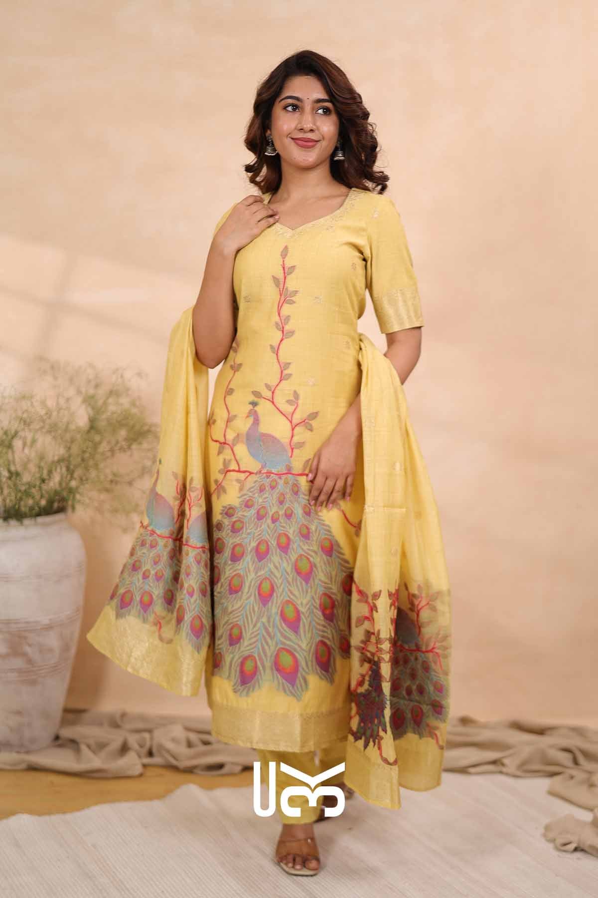 Regal Feathers|Yellow Jamdani Munga Silk Kurta Set