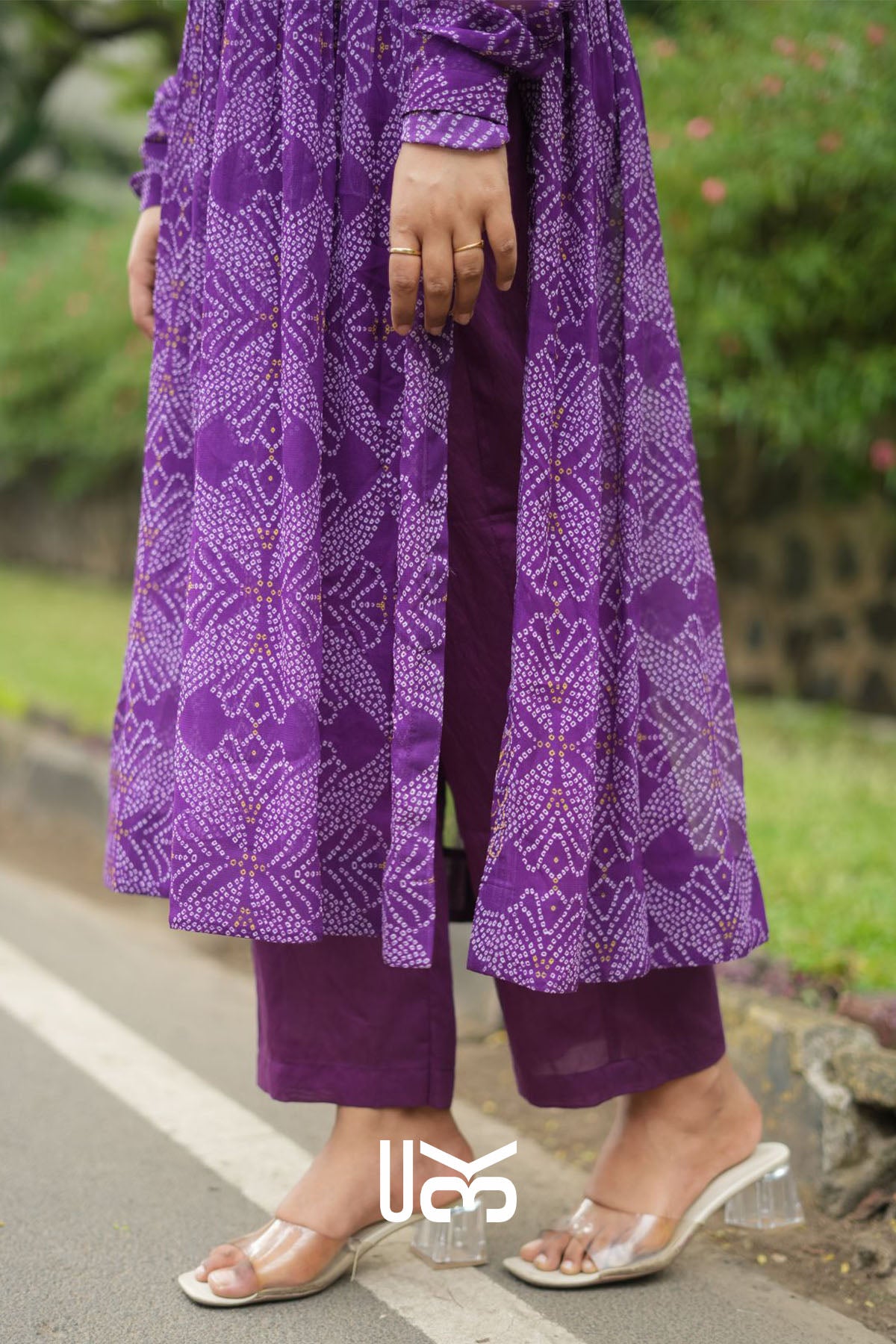 Panna Bandhej Kurta Set in Purple