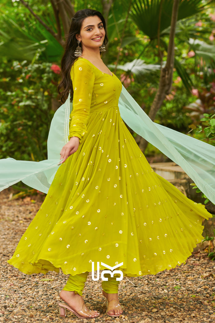 Maya Anarkali Suit Set in Neon Lime