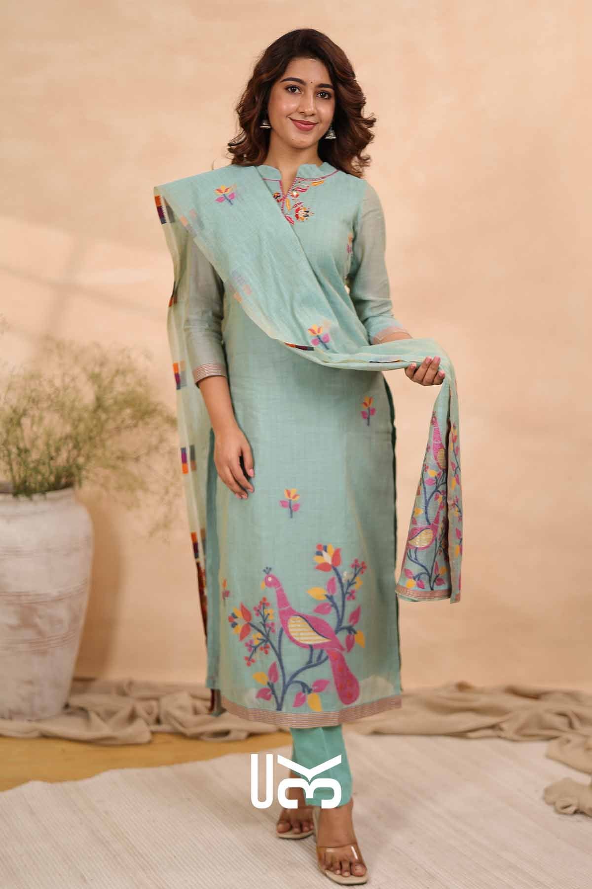 Parijat Blossom|Sea Green Jamdani Muga Silk Kurta Set
