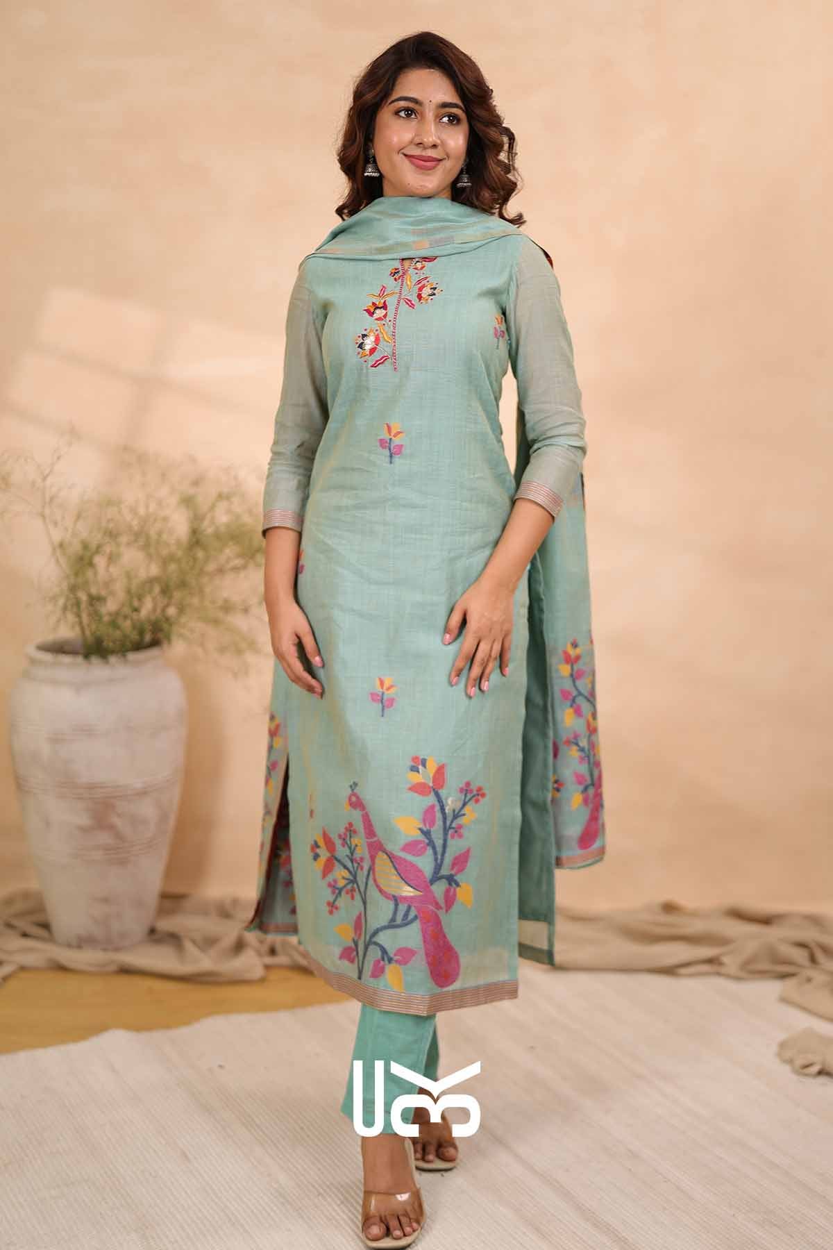 Parijat Blossom|Sea Green Jamdani Muga Silk Kurta Set