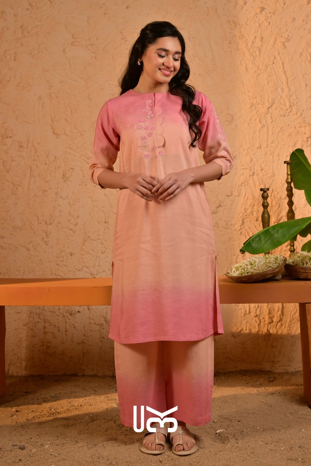 Peach Pankh Linen Kurta Set (Dress) in Ombre