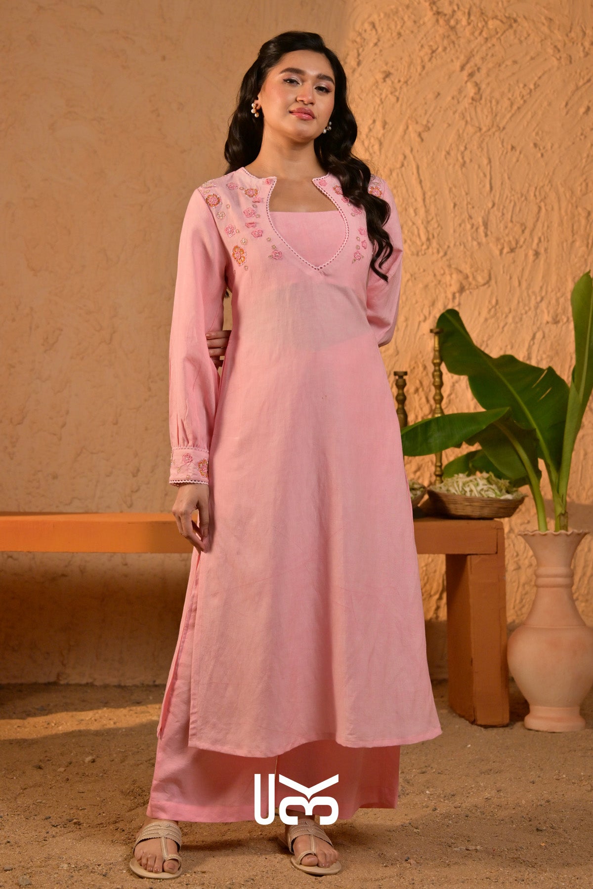 Nazaakat Linen Kurta Set (Dress) in Blush Pink