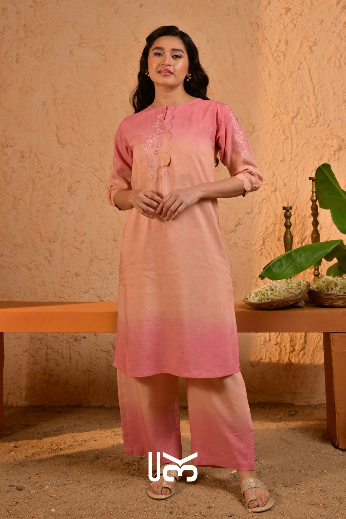 Peach Pankh Linen Kurta Set (Dress) in Ombre